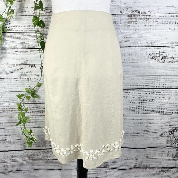 Willi Smith Skirt 8 Tan Stone Linen Knee A Line Ribbon Flowers Buttons Wedding - Picture 1 of 10